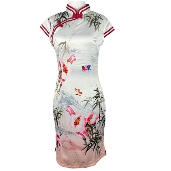 Sigi Dresses & Skirts - Sigi Chinese Traditional Floral Dress Womens Small White Red Slim Fit Midi Dress